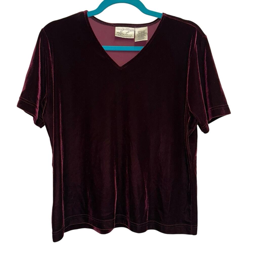 Vintage Kathie Lee Velour Top Burgundy V Neck Short Sleeve Large
